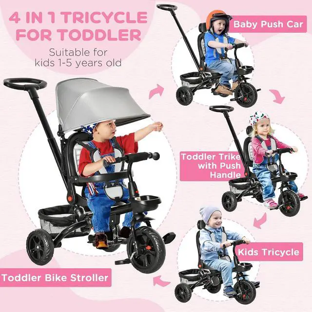 Alt view image 3 of 7 - Qaba Kids Tricycle 5 in 1 Foldable Trike Reversible Seat 1-5 Years Gray | Adjustable Parent Handle, Safety Harness, Wheel Brakes, Removable Canopy, Storage, Tricycle for Toddlers
