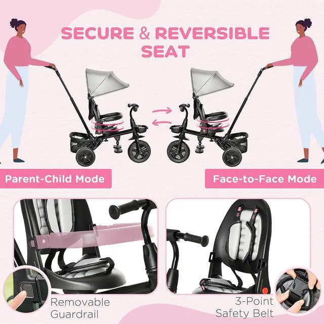 Alt view image 4 of 7 - Qaba Kids Tricycle 5 in 1 Foldable Trike Reversible Seat 1-5 Years Gray | Adjustable Parent Handle, Safety Harness, Wheel Brakes, Removable Canopy, Storage, Tricycle for Toddlers