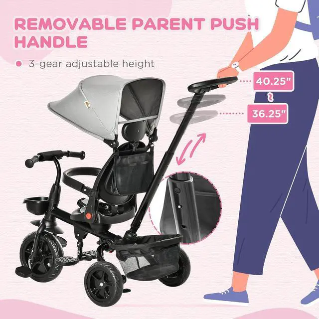 Alt view image 5 of 7 - Qaba Kids Tricycle 5 in 1 Foldable Trike Reversible Seat 1-5 Years Gray | Adjustable Parent Handle, Safety Harness, Wheel Brakes, Removable Canopy, Storage, Tricycle for Toddlers