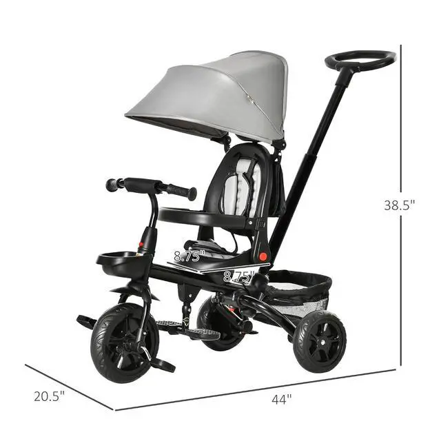 Alt view image 7 of 7 - Qaba Kids Tricycle 5 in 1 Foldable Trike Reversible Seat 1-5 Years Gray | Adjustable Parent Handle, Safety Harness, Wheel Brakes, Removable Canopy, Storage, Tricycle for Toddlers