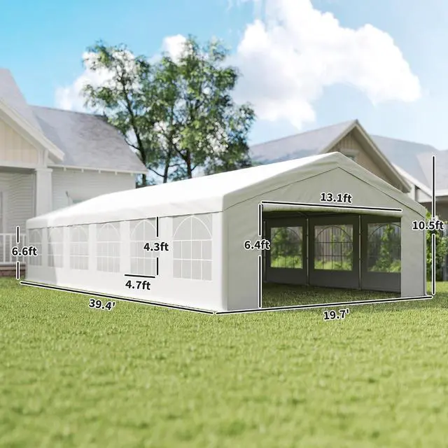 Alt view image 3 of 7 - 20 x 40 ft Heavy Duty Party Tent Outdoor Gazebo Canopy, White | Wedding Tent, Event Shelter, Carport BBQ, Removable Sidewalls & Windows, Waterproof Canopy, Parties