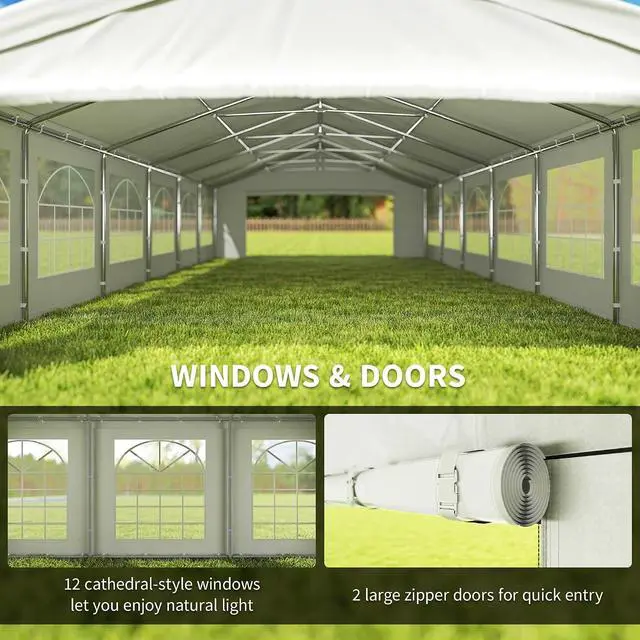 Alt view image 5 of 7 - 20 x 40 ft Heavy Duty Party Tent Outdoor Gazebo Canopy, White | Wedding Tent, Event Shelter, Carport BBQ, Removable Sidewalls & Windows, Waterproof Canopy, Parties
