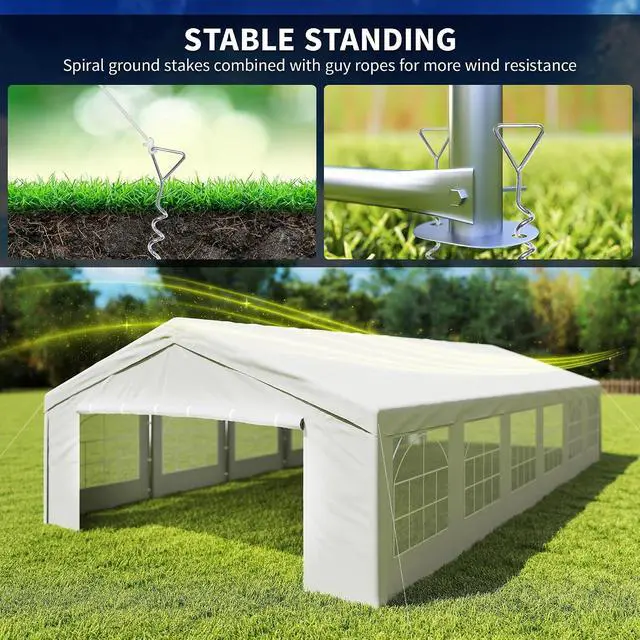 Alt view image 6 of 7 - 20 x 40 ft Heavy Duty Party Tent Outdoor Gazebo Canopy, White | Wedding Tent, Event Shelter, Carport BBQ, Removable Sidewalls & Windows, Waterproof Canopy, Parties