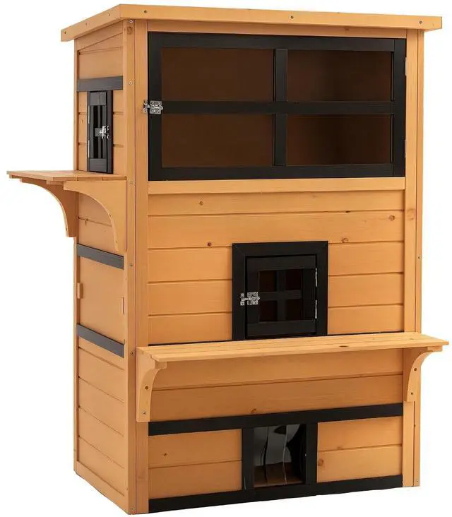 Main image of PawHut 3-Story Cat House Outdoor Cat Condo with Asphalt Roof Yellow | Feral Kitten Shelter, Raised Floor, Escape Doors, Jumping Platforms