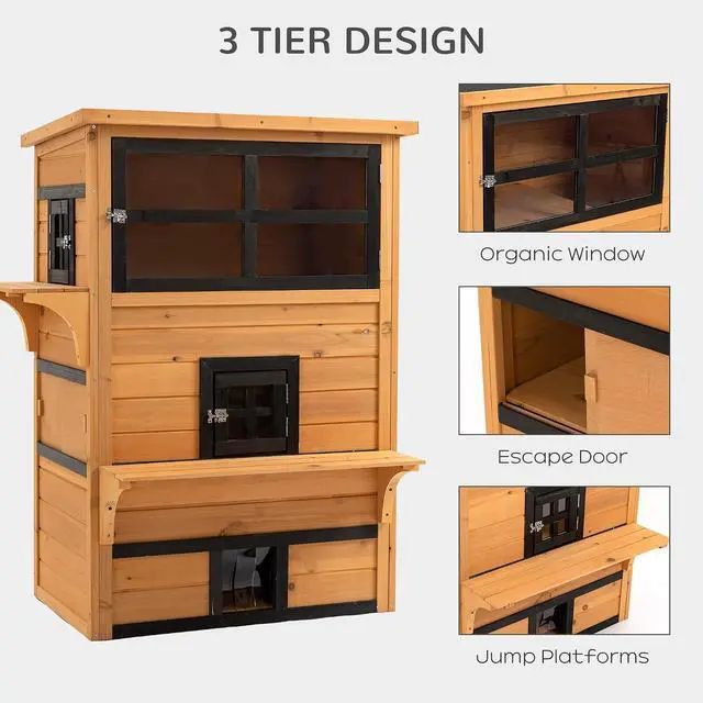 Alt view image 3 of 7 - PawHut 3-Story Cat House Outdoor Cat Condo with Asphalt Roof Yellow | Feral Kitten Shelter, Raised Floor, Escape Doors, Jumping Platforms