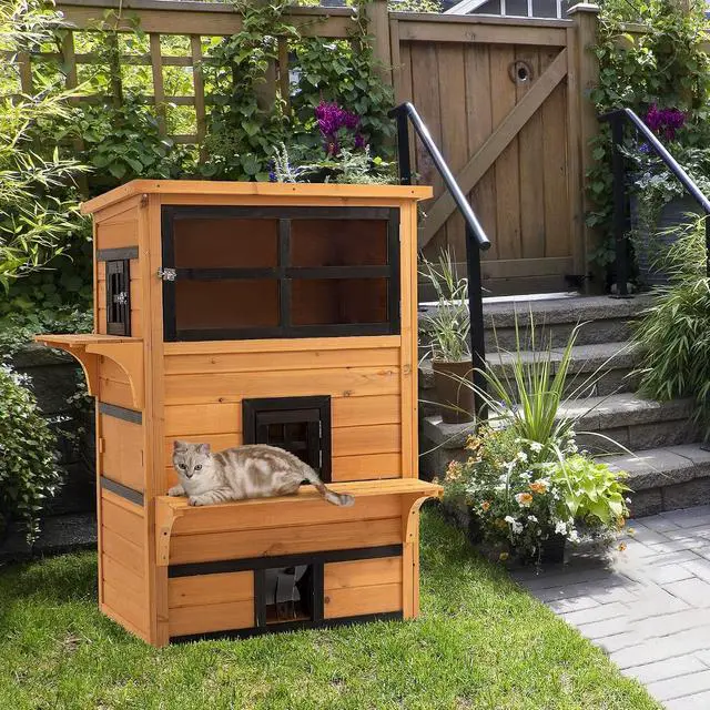Alt view image 2 of 7 - PawHut 3-Story Cat House Outdoor Cat Condo with Asphalt Roof Yellow | Feral Kitten Shelter, Raised Floor, Escape Doors, Jumping Platforms