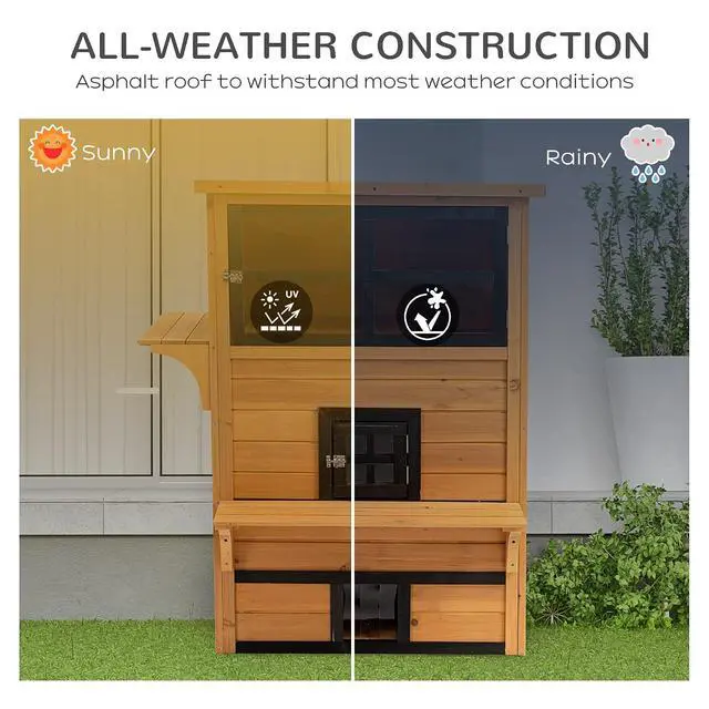 Alt view image 4 of 7 - PawHut 3-Story Cat House Outdoor Cat Condo with Asphalt Roof Yellow | Feral Kitten Shelter, Raised Floor, Escape Doors, Jumping Platforms