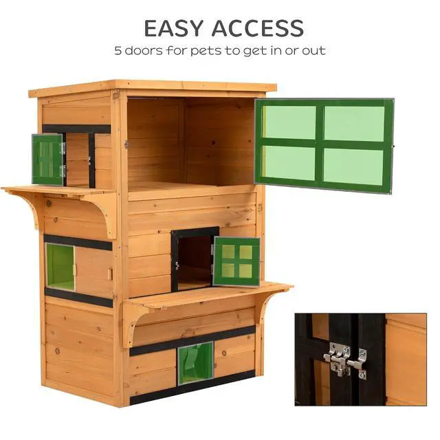 Alt view image 5 of 7 - PawHut 3-Story Cat House Outdoor Cat Condo with Asphalt Roof Yellow | Feral Kitten Shelter, Raised Floor, Escape Doors, Jumping Platforms