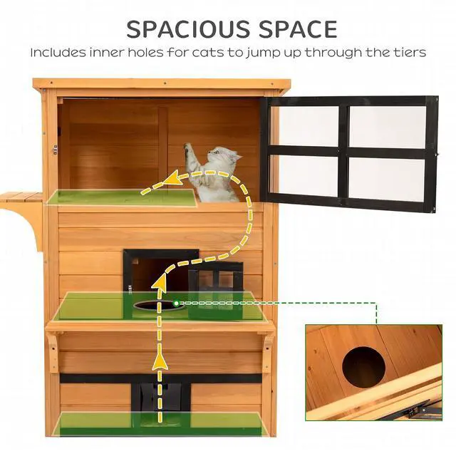 Alt view image 6 of 7 - PawHut 3-Story Cat House Outdoor Cat Condo with Asphalt Roof Yellow | Feral Kitten Shelter, Raised Floor, Escape Doors, Jumping Platforms