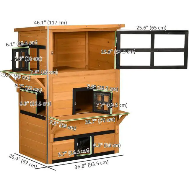 Alt view image 7 of 7 - PawHut 3-Story Cat House Outdoor Cat Condo with Asphalt Roof Yellow | Feral Kitten Shelter, Raised Floor, Escape Doors, Jumping Platforms