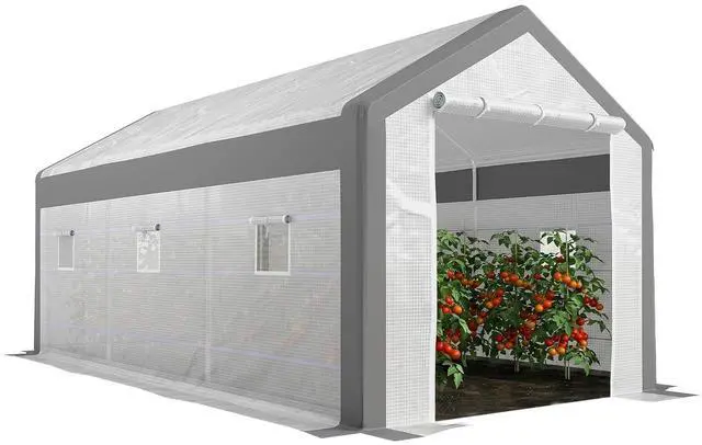 Main image of 20' x 10' x 9' Walk-in Greenhouse with 6 Roll-up Windows White | Outdoor Garden Warm Hot House, 2 Zippered Doors, Weather Cover