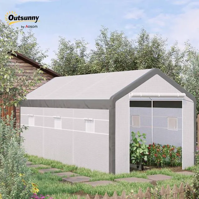 Alt view image 2 of 7 - 20' x 10' x 9' Walk-in Greenhouse with 6 Roll-up Windows White | Outdoor Garden Warm Hot House, 2 Zippered Doors, Weather Cover