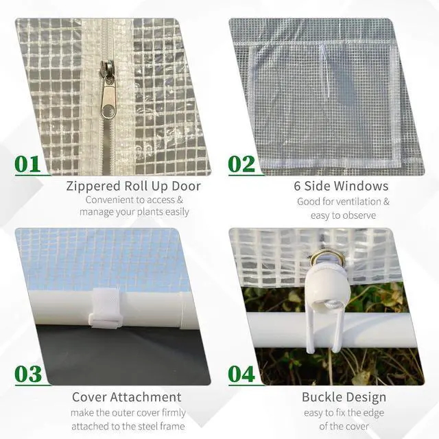 Alt view image 4 of 7 - 20' x 10' x 9' Walk-in Greenhouse with 6 Roll-up Windows White | Outdoor Garden Warm Hot House, 2 Zippered Doors, Weather Cover