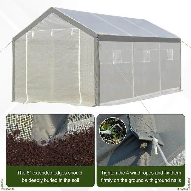 Alt view image 5 of 7 - 20' x 10' x 9' Walk-in Greenhouse with 6 Roll-up Windows White | Outdoor Garden Warm Hot House, 2 Zippered Doors, Weather Cover