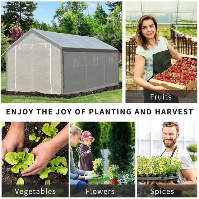 Alt view image 6 of 7 - 20' x 10' x 9' Walk-in Greenhouse with 6 Roll-up Windows White | Outdoor Garden Warm Hot House, 2 Zippered Doors, Weather Cover