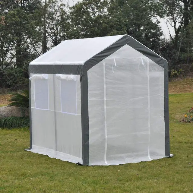 Alt view image 3 of 7 - 8' x 6' x 7' Walk-in Greenhouse with 4 Roll-up Windows White | Outdoor Garden Warm Hot House, 2 Zippered Doors, Weather Cover