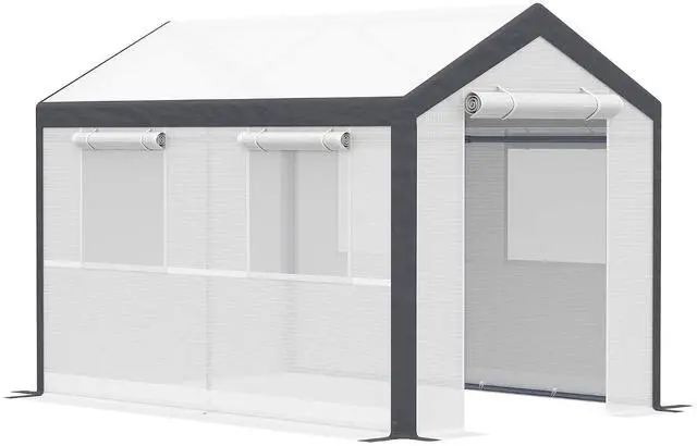 Main image of 10' x 7' x 7' Greenhouse Walk-in Tunnel PE Cover Steel Frame White | Green House, PE Cover, Steel Frame, 2 Roll-Up Zipper Doors, 4 Windows, for Flowers, Vegetables, Tropical Plants