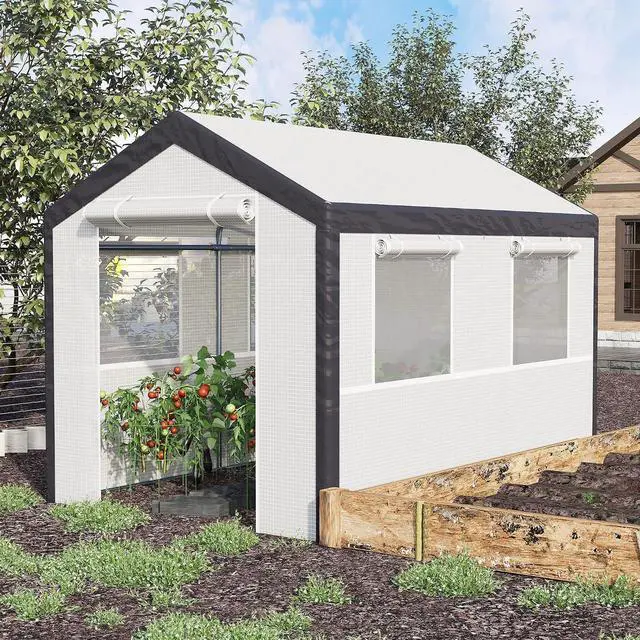 Alt view image 2 of 7 - 10' x 7' x 7' Greenhouse Walk-in Tunnel PE Cover Steel Frame White | Green House, PE Cover, Steel Frame, 2 Roll-Up Zipper Doors, 4 Windows, for Flowers, Vegetables, Tropical Plants
