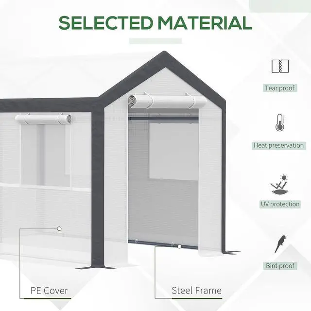 Alt view image 3 of 7 - 10' x 7' x 7' Greenhouse Walk-in Tunnel PE Cover Steel Frame White | Green House, PE Cover, Steel Frame, 2 Roll-Up Zipper Doors, 4 Windows, for Flowers, Vegetables, Tropical Plants