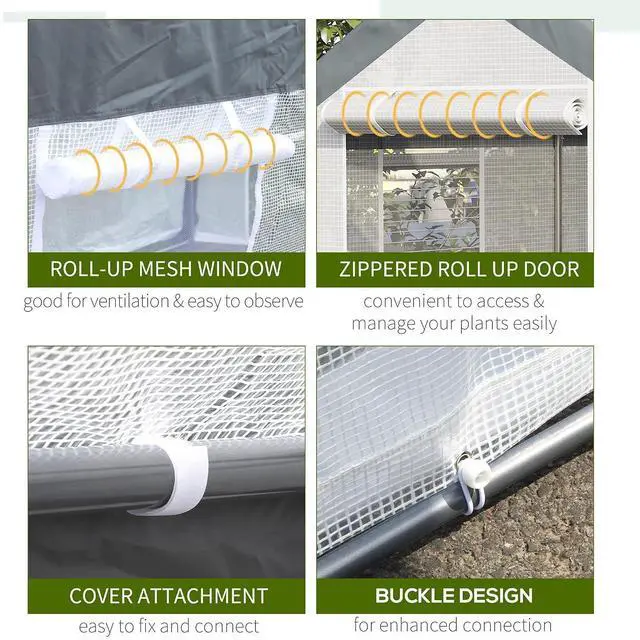 Alt view image 4 of 7 - 10' x 7' x 7' Greenhouse Walk-in Tunnel PE Cover Steel Frame White | Green House, PE Cover, Steel Frame, 2 Roll-Up Zipper Doors, 4 Windows, for Flowers, Vegetables, Tropical Plants