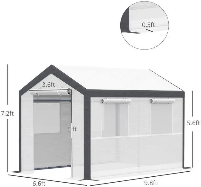 Alt view image 7 of 7 - 10' x 7' x 7' Greenhouse Walk-in Tunnel PE Cover Steel Frame White | Green House, PE Cover, Steel Frame, 2 Roll-Up Zipper Doors, 4 Windows, for Flowers, Vegetables, Tropical Plants