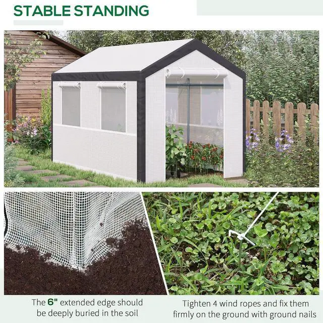 Alt view image 5 of 7 - 10' x 7' x 7' Greenhouse Walk-in Tunnel PE Cover Steel Frame White | Green House, PE Cover, Steel Frame, 2 Roll-Up Zipper Doors, 4 Windows, for Flowers, Vegetables, Tropical Plants