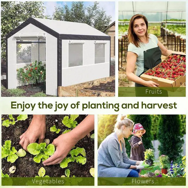 Alt view image 6 of 7 - 10' x 7' x 7' Greenhouse Walk-in Tunnel PE Cover Steel Frame White | Green House, PE Cover, Steel Frame, 2 Roll-Up Zipper Doors, 4 Windows, for Flowers, Vegetables, Tropical Plants