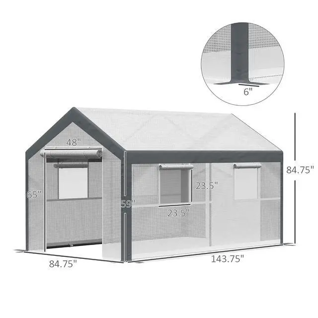 Alt view image 3 of 7 - 12' x 7' x 7' Greenhouse Walk-in Tunnel PE Cover Steel Frame White | Green House, PE Cover, Steel Frame, 2 Roll-Up Zipper Doors, 4 Windows, for Flowers, Vegetables, Tropical Plants