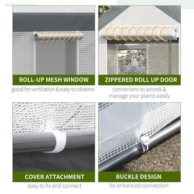 Alt view image 4 of 7 - 12' x 7' x 7' Greenhouse Walk-in Tunnel PE Cover Steel Frame White | Green House, PE Cover, Steel Frame, 2 Roll-Up Zipper Doors, 4 Windows, for Flowers, Vegetables, Tropical Plants