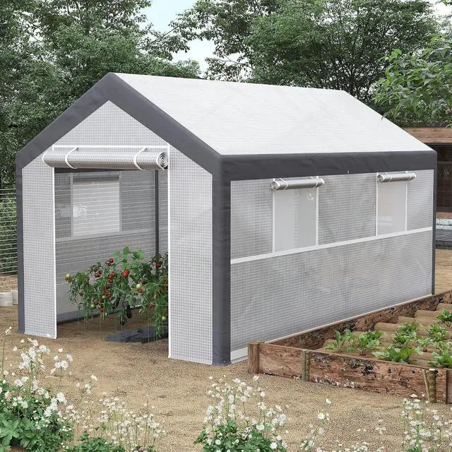Alt view image 2 of 7 - 12' x 7' x 7' Greenhouse Walk-in Tunnel PE Cover Steel Frame White | Green House, PE Cover, Steel Frame, 2 Roll-Up Zipper Doors, 4 Windows, for Flowers, Vegetables, Tropical Plants