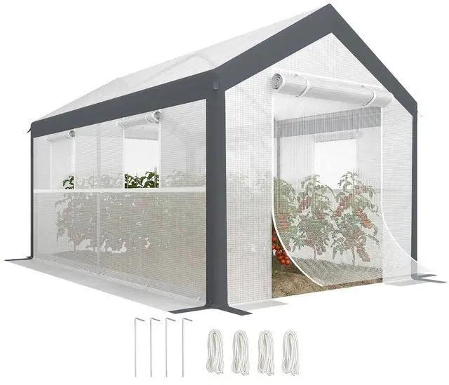 Main image of 12' x 7' x 7' Greenhouse Walk-in Tunnel PE Cover Steel Frame White | Green House, PE Cover, Steel Frame, 2 Roll-Up Zipper Doors, 4 Windows, for Flowers, Vegetables, Tropical Plants