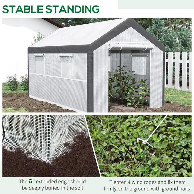 Alt view image 5 of 7 - 12' x 7' x 7' Greenhouse Walk-in Tunnel PE Cover Steel Frame White | Green House, PE Cover, Steel Frame, 2 Roll-Up Zipper Doors, 4 Windows, for Flowers, Vegetables, Tropical Plants
