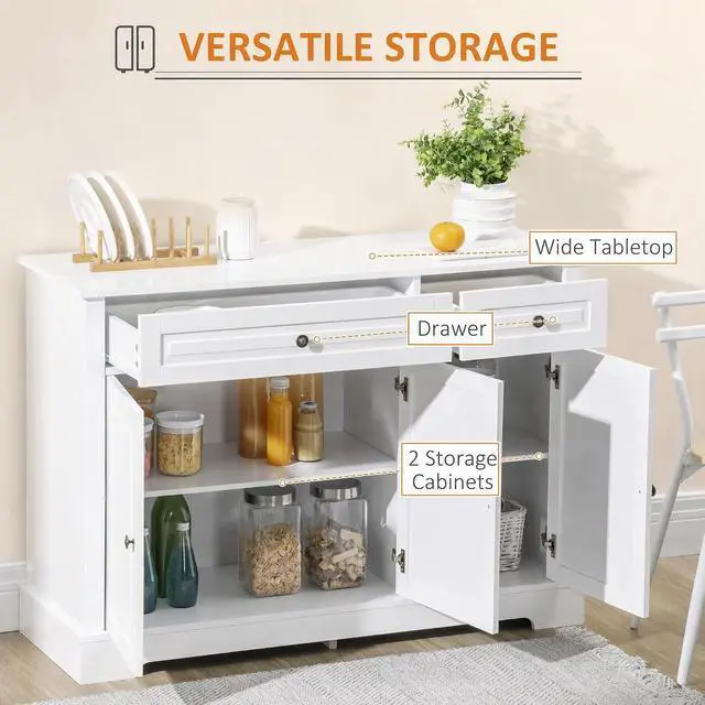 Alt view image 4 of 7 - Sideboard Buffet Cabinet with Storage, 2 Drawers, for Kitchen, White | Modern Buffet Cabinet, Coffee Bar Station, Adjustable Shelves, Entryway