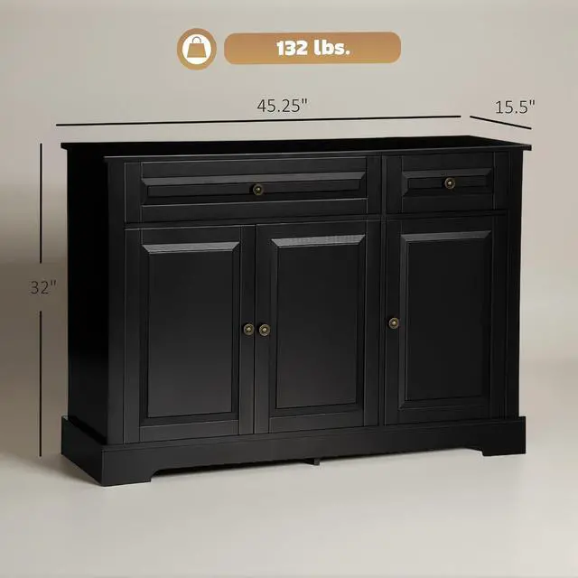Alt view image 3 of 7 - Sideboard Buffet Cabinet with Storage, 2 Drawers, for Kitchen, Black | Modern Buffet Cabinet, Coffee Bar Station, Adjustable Shelves, Entryway
