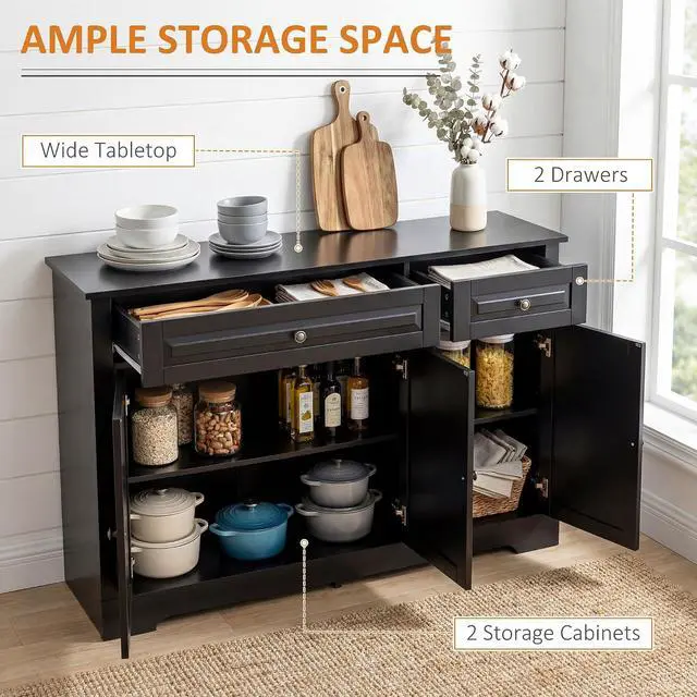 Alt view image 4 of 7 - Sideboard Buffet Cabinet with Storage, 2 Drawers, for Kitchen, Black | Modern Buffet Cabinet, Coffee Bar Station, Adjustable Shelves, Entryway