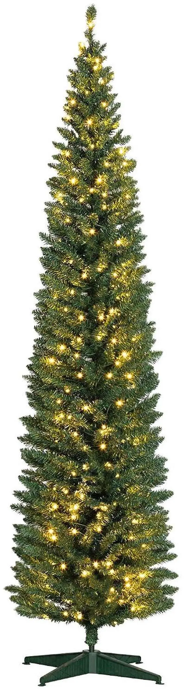 Main image of Noble Fir Artificial Pencil Christmas Tree Prelit 8' Green | Slim, 300 Warm White LED Lights, 618 Tips, Christmas Decoration