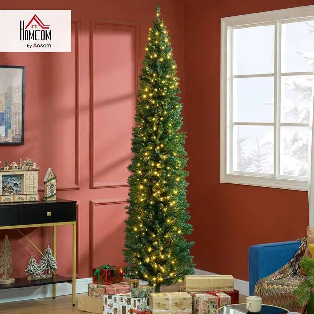 Alt view image 2 of 7 - Noble Fir Artificial Pencil Christmas Tree Prelit 8' Green | Slim, 300 Warm White LED Lights, 618 Tips, Christmas Decoration