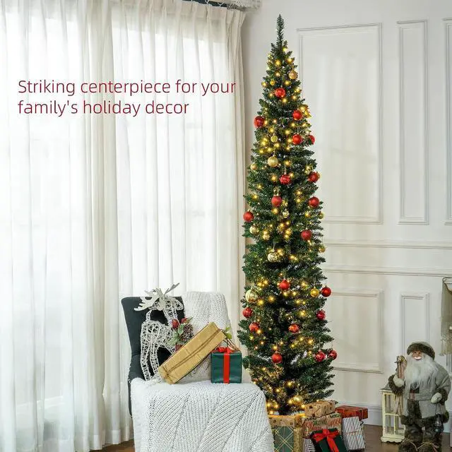 Alt view image 3 of 7 - Noble Fir Artificial Pencil Christmas Tree Prelit 8' Green | Slim, 300 Warm White LED Lights, 618 Tips, Christmas Decoration