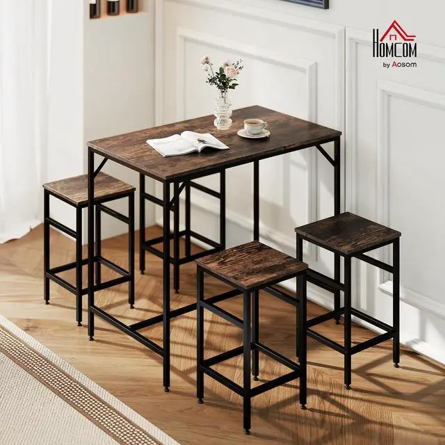 Alt view image 2 of 7 - 5-Piece Industrial Dining Table Set, Bar Table Chair Set Black/Brown | 4 Stools Included, Space Saving, Pub & Kitchen