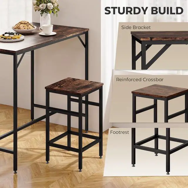 Alt view image 4 of 7 - 5-Piece Industrial Dining Table Set, Bar Table Chair Set Black/Brown | 4 Stools Included, Space Saving, Pub & Kitchen