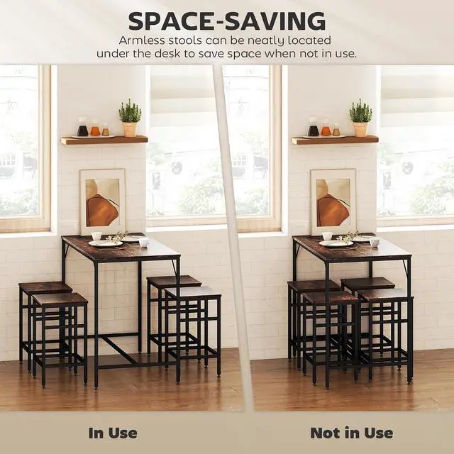 Alt view image 3 of 7 - 5-Piece Industrial Dining Table Set, Bar Table Chair Set Black/Brown | 4 Stools Included, Space Saving, Pub & Kitchen