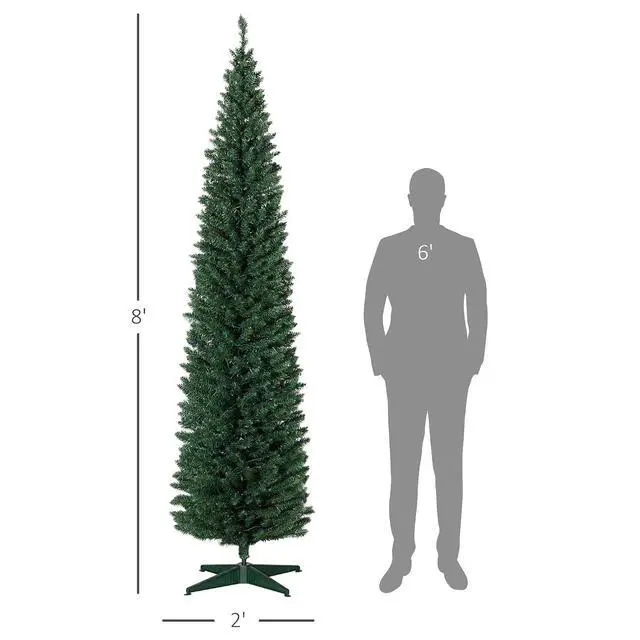 Alt view image 7 of 7 - Noble Fir Artificial Pencil Christmas Tree Prelit 8' Green | Slim, 300 Warm White LED Lights, 618 Tips, Christmas Decoration