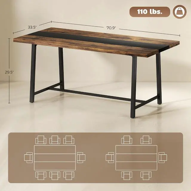 Alt view image 3 of 7 - Industrial Dining Table for 8 People 70.9" Long Rustic Brown | Rectangular Kitchen Table, Large Tabletop, Steel Legs, for Dining Room