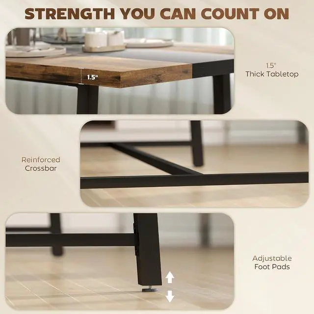 Alt view image 6 of 7 - Industrial Dining Table for 8 People 70.9" Long Rustic Brown | Rectangular Kitchen Table, Large Tabletop, Steel Legs, for Dining Room