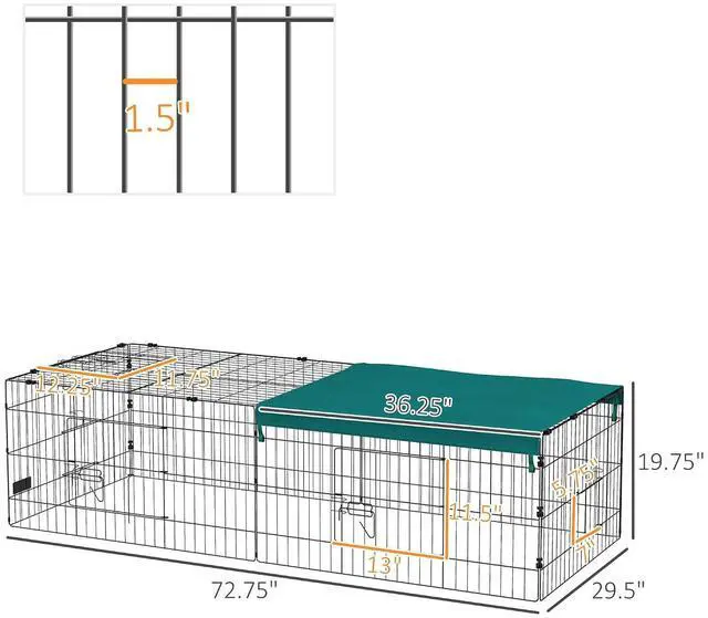 Alt view image 7 of 7 - PawHut Metal Chicken Coop Chicken Run Pen with Cover 73" x 30" x 20" Green | Portable Catio Poultry Cage, Indoor Outdoor Backyard, Cat Cage, for Rabbit Duck Hen Small Animal Chinchillas