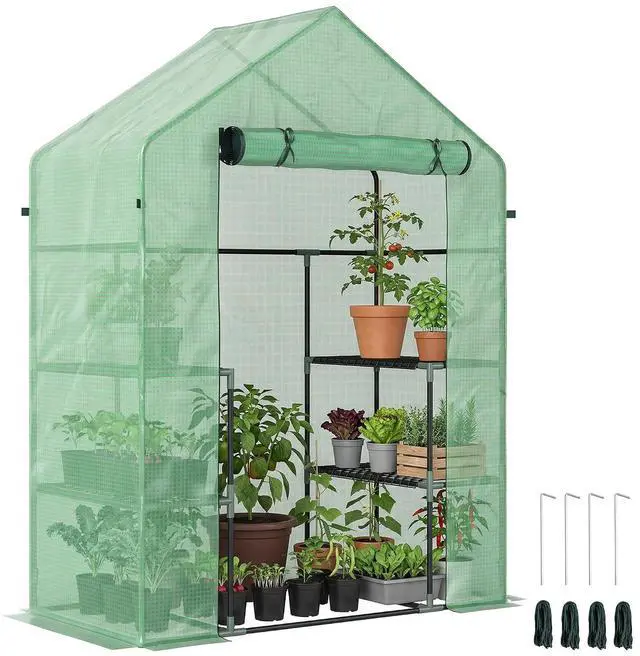 Main image of 5' x 2.5' x 6.5' Mini Walk-in Greenhouse 3 Tier Shelves PE Green | Green House Kit, Portable, Roll-Up Door, Weatherized Cover, Backyard Garden