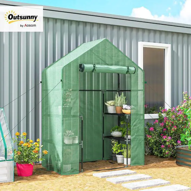 Alt view image 2 of 7 - 5' x 2.5' x 6.5' Mini Walk-in Greenhouse 3 Tier Shelves PE Green | Green House Kit, Portable, Roll-Up Door, Weatherized Cover, Backyard Garden