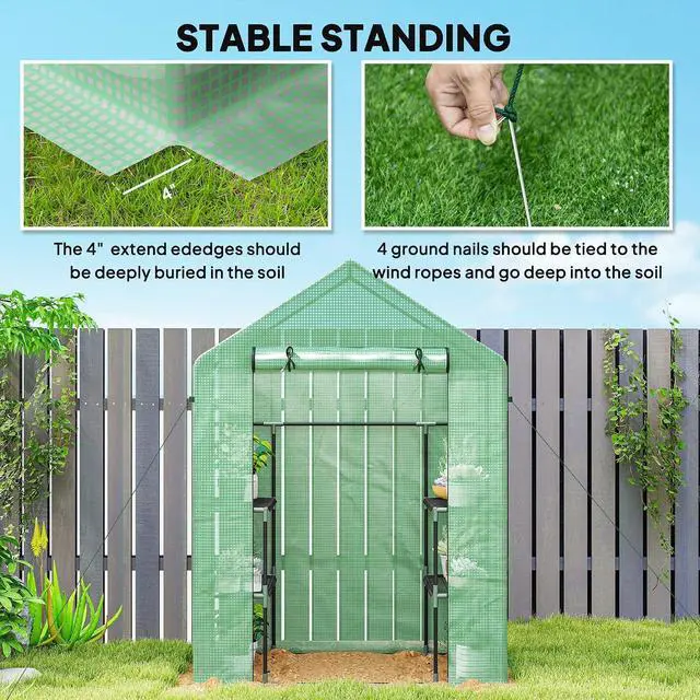 Alt view image 5 of 7 - 5' x 2.5' x 6.5' Mini Walk-in Greenhouse 3 Tier Shelves PE Green | Green House Kit, Portable, Roll-Up Door, Weatherized Cover, Backyard Garden