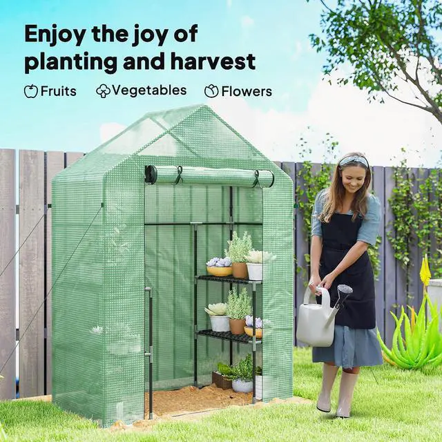 Alt view image 6 of 7 - 5' x 2.5' x 6.5' Mini Walk-in Greenhouse 3 Tier Shelves PE Green | Green House Kit, Portable, Roll-Up Door, Weatherized Cover, Backyard Garden