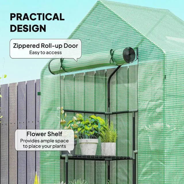 Alt view image 4 of 7 - 5' x 2.5' x 6.5' Mini Walk-in Greenhouse 3 Tier Shelves PE Green | Green House Kit, Portable, Roll-Up Door, Weatherized Cover, Backyard Garden